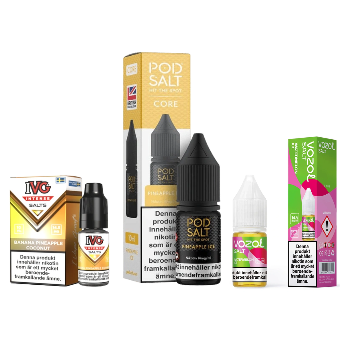 E-juice Mix 1 – IVG Intense Salts Banana Pineapple Coconut, Pod Salt Bar Pineapple Ice och Vozol Salt Watermelon Ice