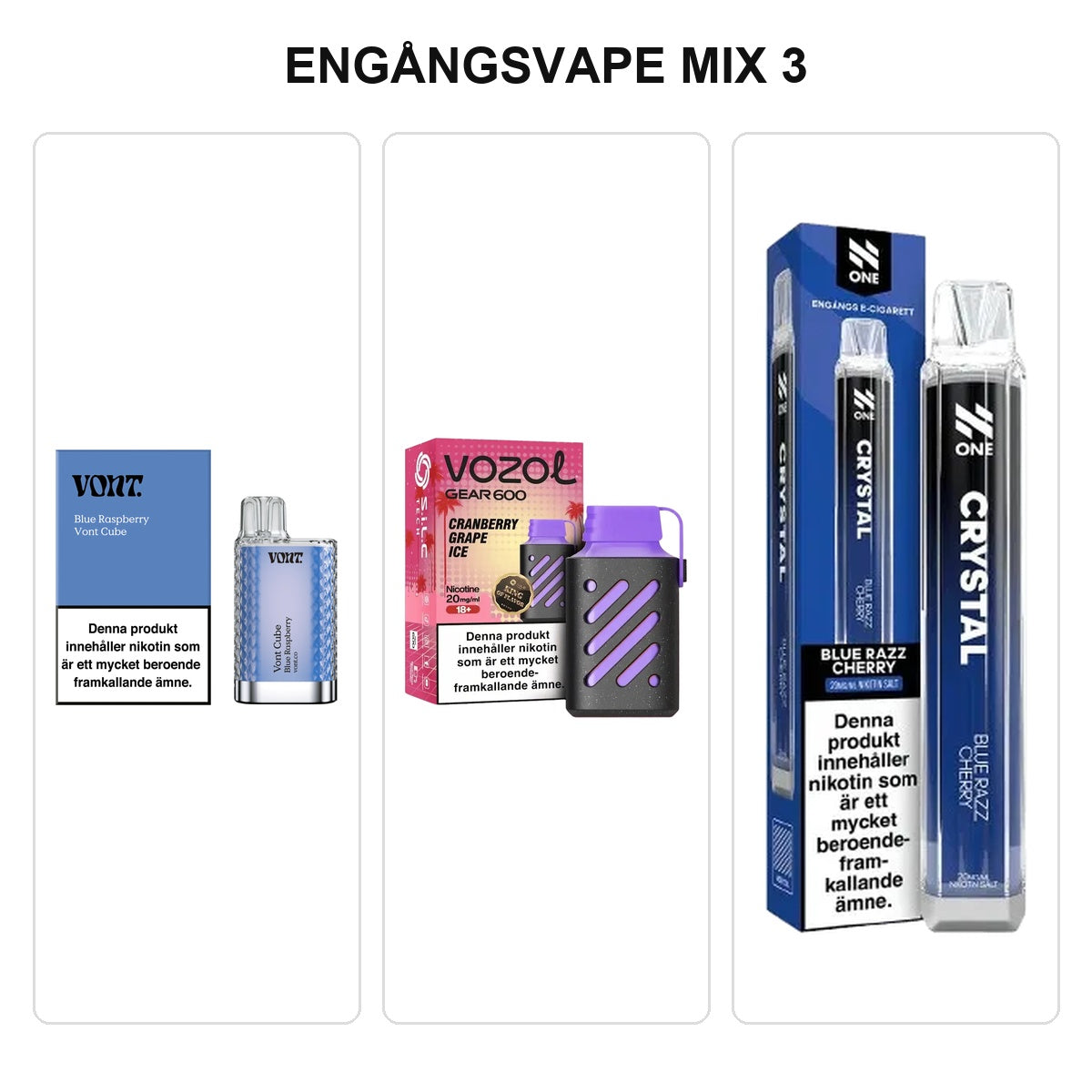 Engångsvape Mix 3 – Vont Cube Blue Raspberry, Vozol Gear 600 Cranberry Grape Ice och N One Crystal Blue Razz Cherry
