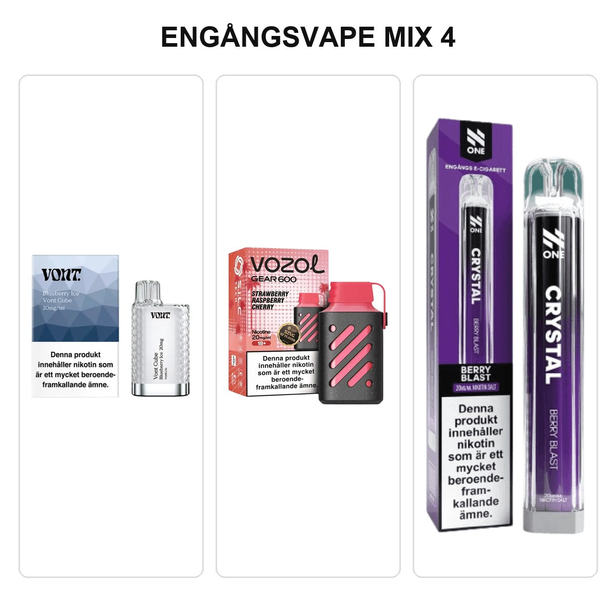 Engångsvape Mix 4 – Vont Cube Blueberry Ice, Vozol Gear 600 Strawberry Raspberry Cherry och N One Crystal Berry Blast